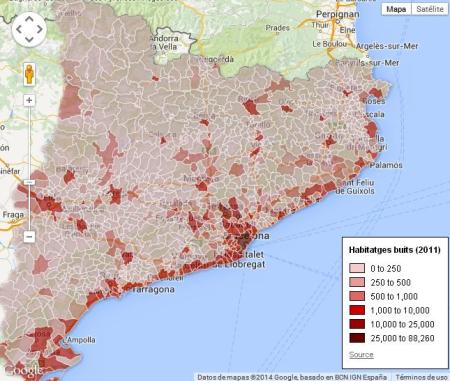 Nombre total d’habitatges buits als municipis de Catalunya, 2011. Font: Institut d’Estadística de Catalunya. Veure en versió interactiva
